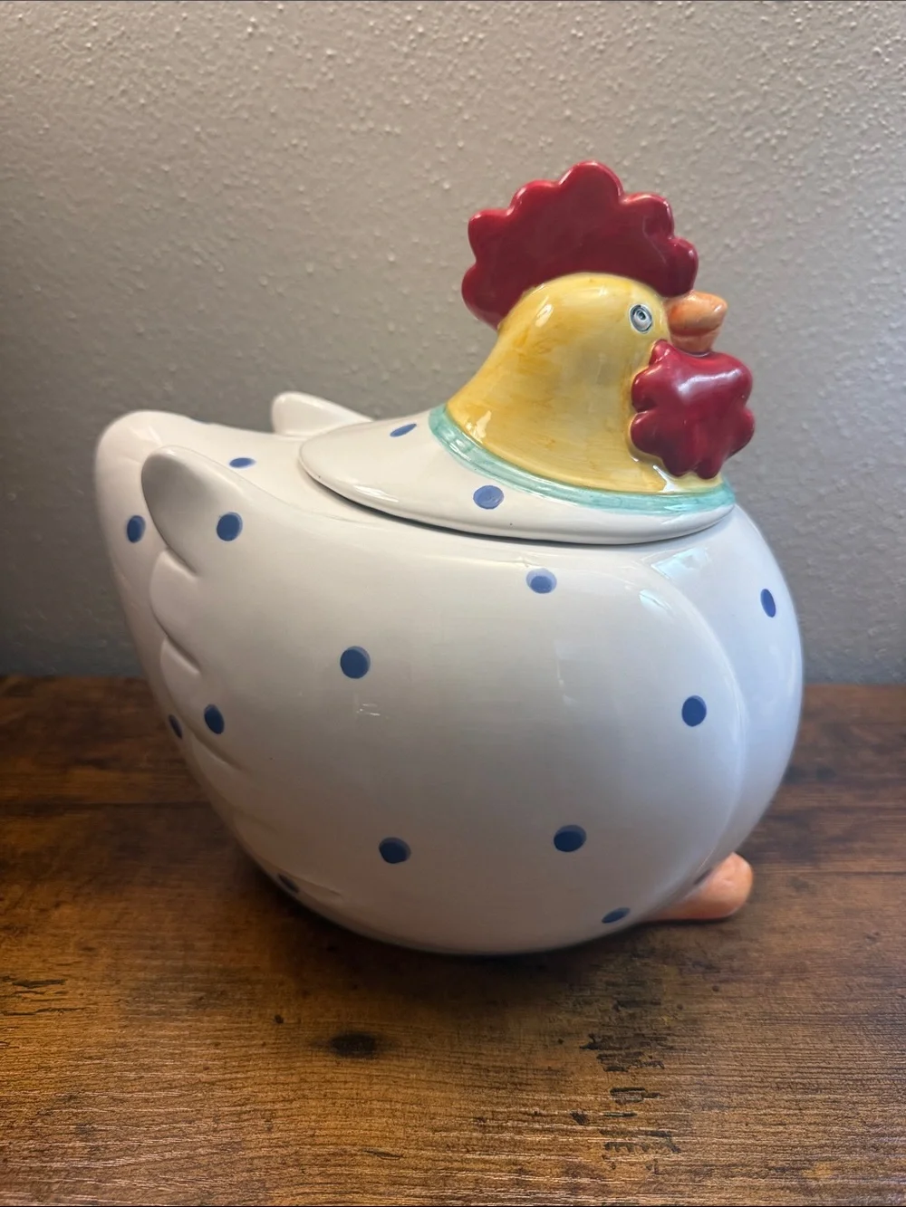 Coco Dowley Ceramic Chicken Cookie Jar Canister Blue Polka dots Kitchen Storage